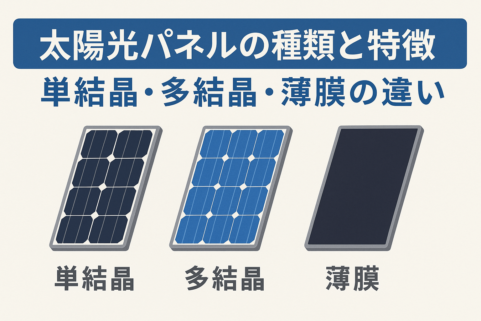 太陽光パネルの種類と特徴｜単結晶・多結晶・薄膜の違い